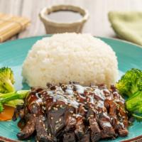 Steak Teriyaki Box · Served  With white rice, vegetable,2pcs dumpling,2pcs coconut Shrimp