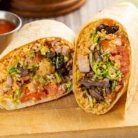 Ground Beef Burritos · Wrapped with large fresh tortillas with rice, black beans, cheddar cheese, green pepper, oni...