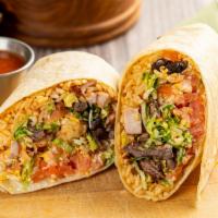 Black Bean Burritos · Wrapped with large fresh tortillas with rice, black beans, cheddar cheese, green pepper, oni...