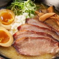 Gyokai · seafood base, chicken broth, chashu pork, ajitama egg, scallion, bamboo shoot, onion.
