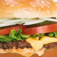 Angus Beef Burger · 1/3 lb patty, House sauce, leaf lettuce, roma tomato, pickles, shaved onions, and American c...