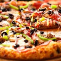 Salad Pizza · Lettuce, tomatoes, cucumbers, red onions, black olives, and house dressing.