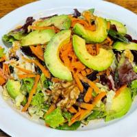 Avocado Salad · Vegetarian, vegan. Avocado, mixed greens, lettuce, cabbage, carrot, topped with balsamic sauce