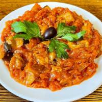 Sauced Eggplant / Soslu Patlican · Fried small pieces of eggplant in sauce of fresh tomatoes, green peppers, onions & garlic