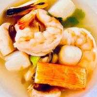 Seafood Tom Yum · Spicy. Shrimp, mussel, calamari, imitation crab meat, onion, scallion, cilantro, mushroom, a...