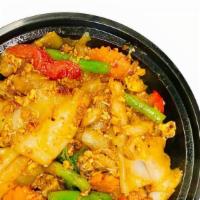Kee Mao · Spicy. Stir-fried flat noodle with egg, onion, carrot, red pepper, string bean, thai basil, ...