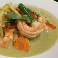 Green Curry · Spicy. Bamboo shoots, string bean, carrot, red pepper, coconut milk with green curry paste a...