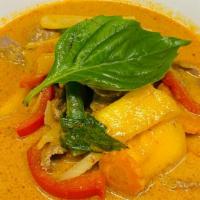 Mango Red Curry · Spicy. Choice of chicken, pork, vegetable, tofu for an extra price (extra for an additional ...