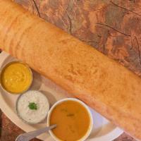 Paper Masala Dosa · Long, thin crispy crepe filled with potatoes and onions.