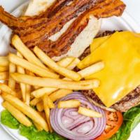Bacon Cheeseburger Deluxe · Served with lettuce, tomato, onion, american cheese. Includes French Fries.