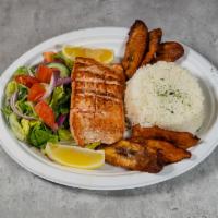 Grilled Salmon · Rice, avocado, sweet plantain, salad.