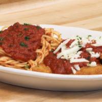 Chicken Parmigiana · Served with your choice of a side salad and 3 garlic knots.
