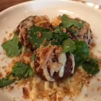 Wagyu Meatballs · Pickled daikon, fried garlic, spicy mayo, Cilantro