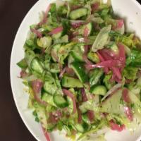 Cucumber Salad · Pickled red onions, iceberg lettuce, dill sunflower vinaigrette.