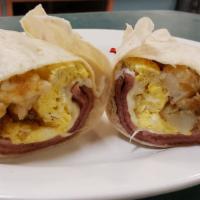 Campus Breakfast Wrap · Two eggs, choice of meat, choice of potato and cheese in a wrap.