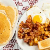 The Campus Wake Up Breakfast · Top item. Two pancakes or French toast, two eggs, choice of meat, home fries, and toast.