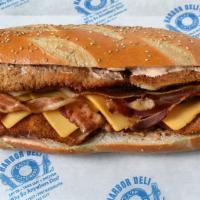 Crosscheck · Chicken cutlet topped with crisp bacon melted American and Russian dressing on the bread of ...