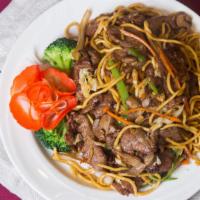 Beef Lo Mein · Soft noodles tossed with shredded beef, mushrooms, water chestnuts, baby corns, Napa and bea...