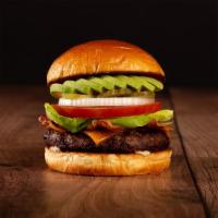 The Avocado Burger · Beef patty, lettuce, tomato, onion, pickles, mayo, avocado, and melted cheddar cheese on a b...