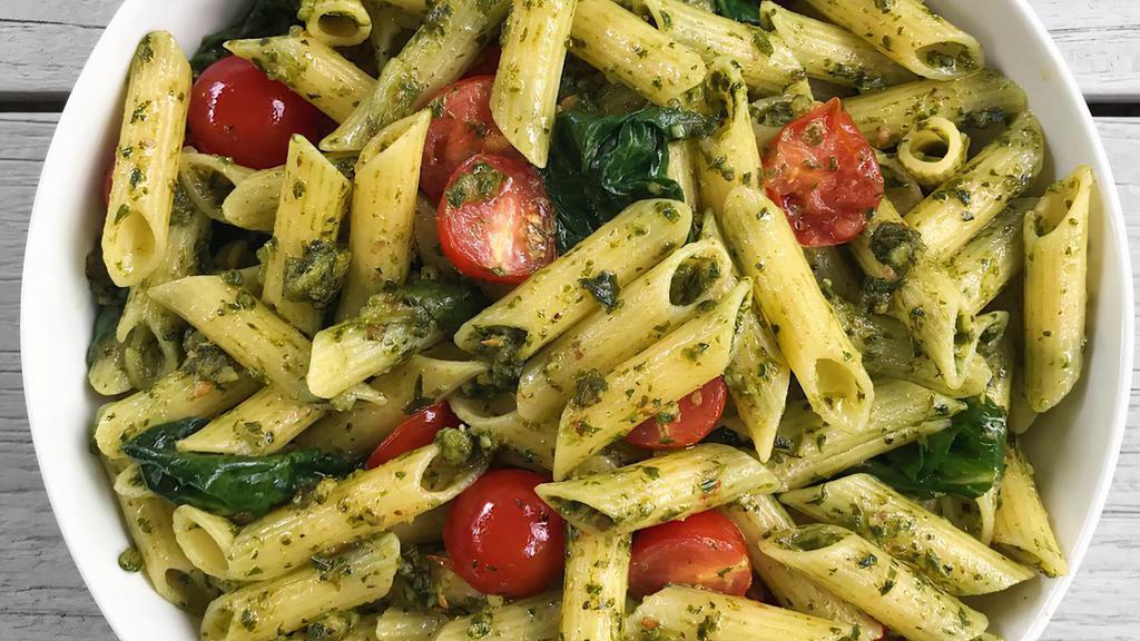 Pesto Penne · Penne style pasta topped with pesto sauce.