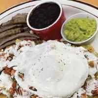 Chilaquiles Mexicanos · Chips covered with our special house red or green sauce. Topped with pico de gallo, cheese a...