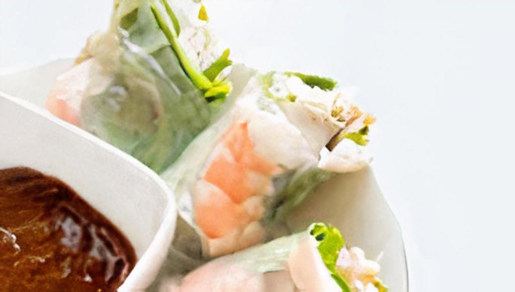 Summer Rolls / Gỏi Cuốn · Two pieces - Boiled shrimp, seasoned pork, fresh mint, bean sprout, and vermicelli rice noodles rolled in rice paper. Served with house peanut sauce or fish sauce.