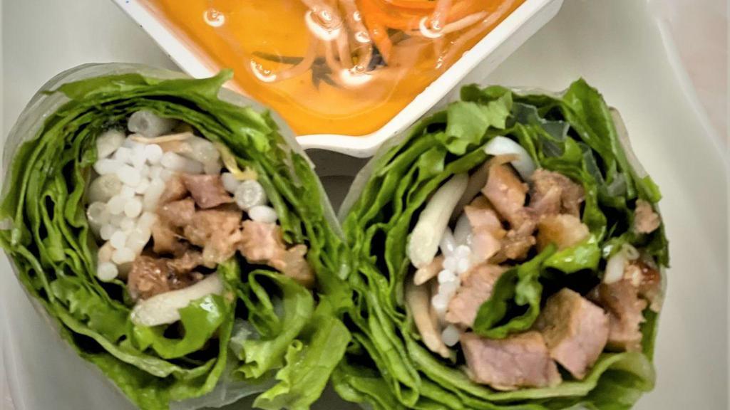  A11. Grilled Pork Rolls (2Pc) · Gỏi Cuốn Thịt Nướng | Grilled pork, fresh mint, lettuce, bean sprout, and vermicelli rice noodles rolled in rice paper. Served with house peanut sauce or fish sauce.