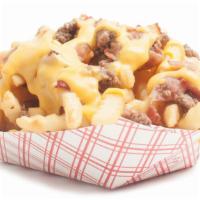 Bacon Burger Cheese Fries · Thin crinkle cut fries topped with warm Kraft Cheese Whiz, bacon & chopped sirloin burger