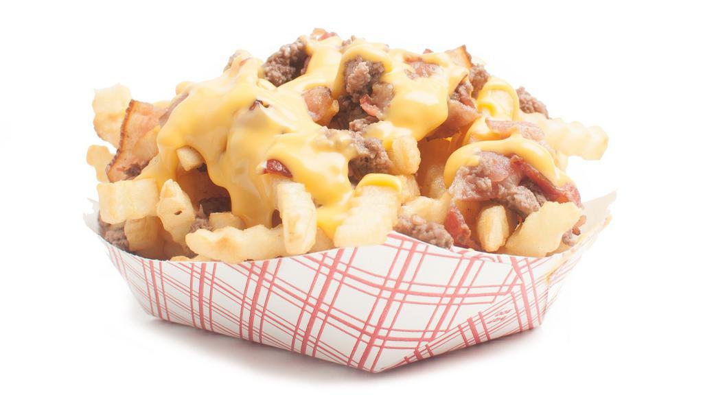 Bacon Burger Cheese Fries · Thin crinkle cut fries topped with warm Kraft Cheese Whiz, bacon & chopped sirloin burger