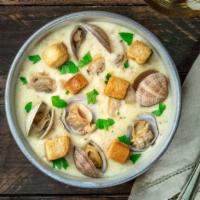 Clam Chowder · Delicious thick chowder made from clams, potatoes, onions, salt pork, and cream.