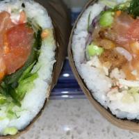 Long Ahi N Chicken Burrito · Tuna fried chicken rice lettuce onion tomato crab flake seaweed salad pineapple edamame soy ...