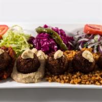 Falafel Plate · Five pieces. Chickpeas, onion, and celery seasoned with garlic, parsley and herbs served wit...