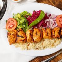 Chicken Shish Plate · Char-grilled cubes of chicken breast with Turkish seasoning. Served with bulgur (cracked whe...