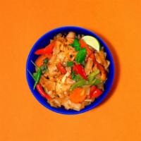 Spicy Drunken Noodles · Flat rice noodles, served with tomatoes, onions, bell peppers and fresh chiles. Served at th...