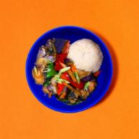 Spicy Eggplant · Your choice of protein stir fried with eggplant, chiles, basil, garlic, onions, and bell pep...