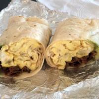 Breakfast Burrito · Three eggs scrambled with jack cheese, bacon, and avocado wrapped in a tortilla.