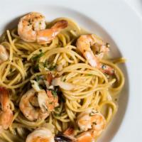 Linguine Scampignola · Linguine, shrimp, garlic, olive oil and herbs.