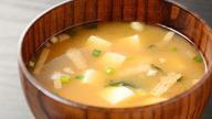 Miso Soup · Soybean soup w. Tofu, scallion and seaweed.