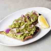 Avocado Toast · Avocado, grilled 7-grain, shaved radish, lemon oil & chili flakes