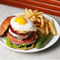 Five Leaves Burger · Grass-fed beef, grilled pineapple, house pickled beets, harissa mayo & sunny up egg on sesam...