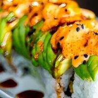 King Dragon Roll · shrimp tempura cucumber avocado top w/ shrimp eel sauce & spicy mayo