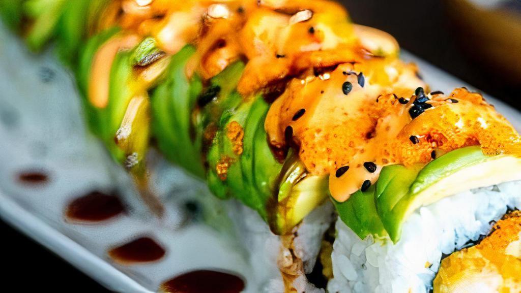 Green Dragon Roll · eel roll top w/avocado & eel sauce