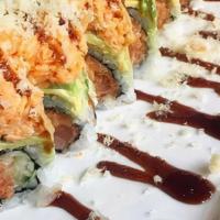 Godzilla Roll · shrimp tempura roll top w/ eel & shrimp spicy mayo & eel sauce