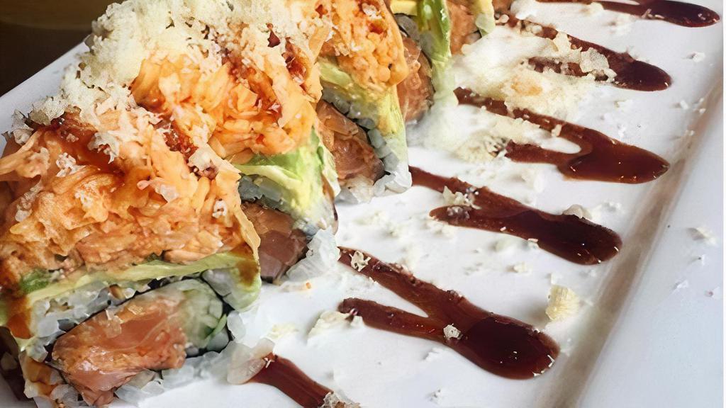 Godzilla Roll · shrimp tempura roll top w/ eel & shrimp spicy mayo & eel sauce
