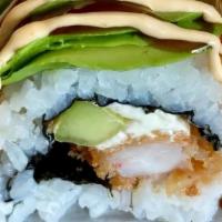 Crazy Roll · shrimp tempura avocado cucumber top w/ spicy crab & spicy mayo eel sauce