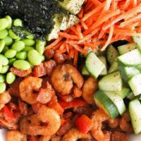 Shrimp Poke · steam shrimp, cucumber,avocado, sweet onion, edamame, crab salad, cilantro, seaweed salad, g...