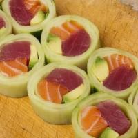 Salmon & Tuna Naruto Roll · cucumber seaweed salad carrot avocado tuna salmon wrapped with cucumber