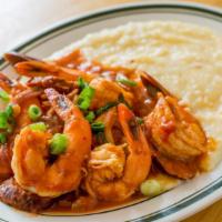Shrimp & Grits · Jumbo tiger shrimp, mushrooms, kale, chiles, white wine, garlic