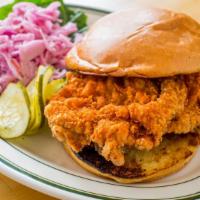 Chicken Sandwich · Pickles and aioli. Served with salad and slaw.