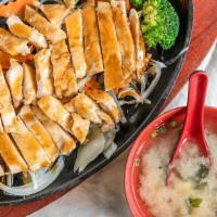 Beef Teriyaki · Grilled sirloin salad miso soup and rice.